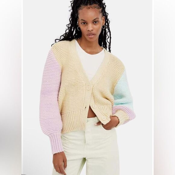 For Love And Lemons Kerry cardigan chunky knit color block cropped sweater L - Picture 1 of 9